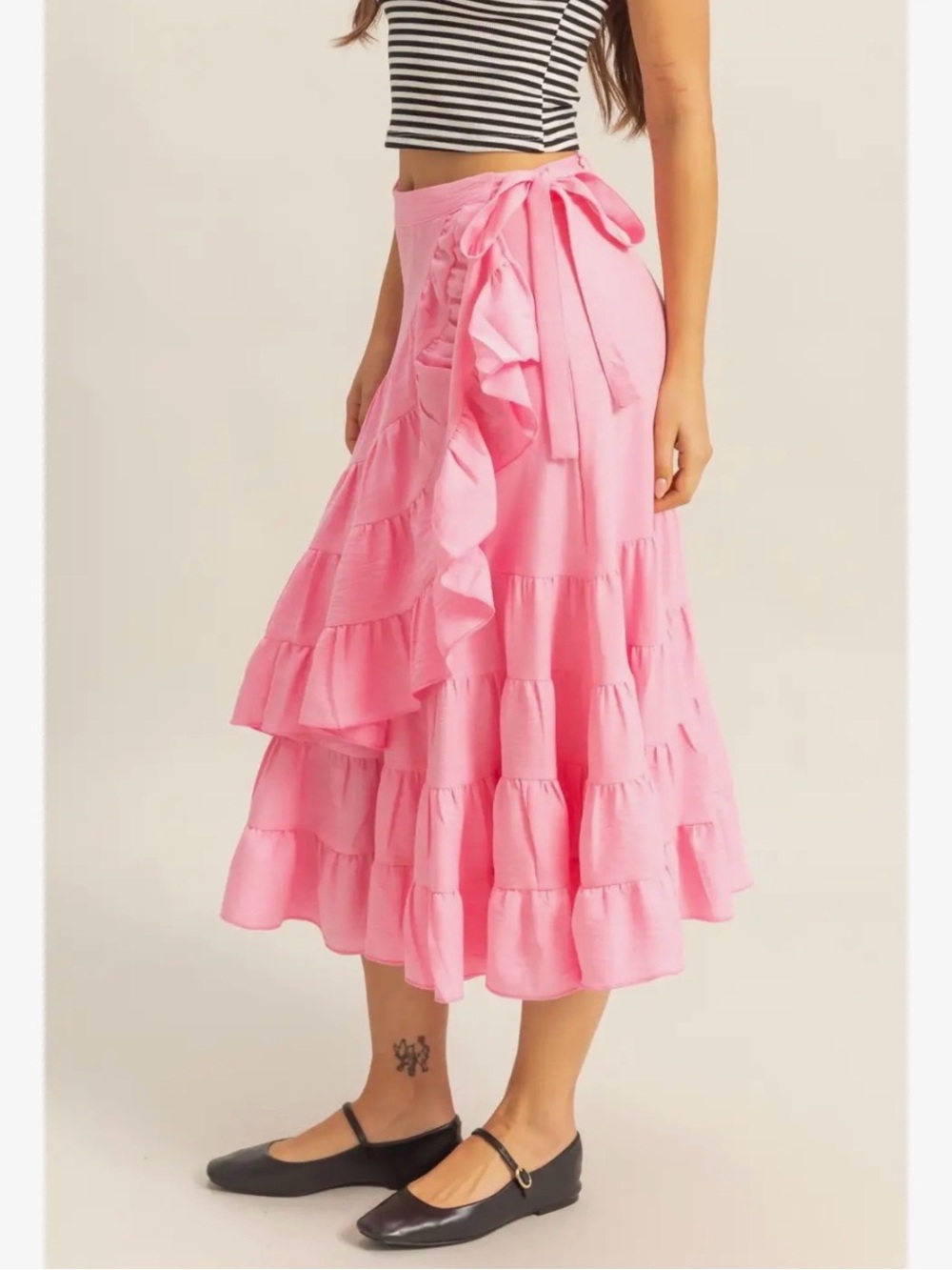 Pink Boho Ruffle Maxi Skirt Wrap Tie Large NWT